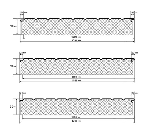 Сэндвич-панели двухслойные с минеральной ватой, ширина 1000 мм, толщина 30 мм, 0.5, RAL7004